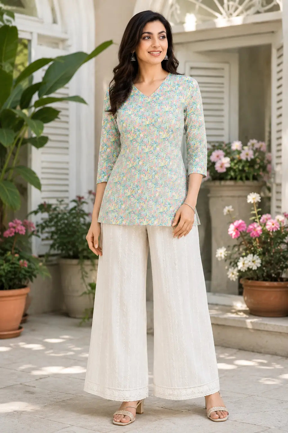 Rabric pastel pink mint floral cotton short top for women front view with V neck and 3-4 sleeves paired with white palazzo pants