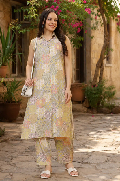 RABRIC pastel printed sleeveless kurta pant co-ord set for women front view summer ethnic wear