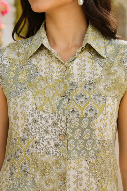 Close-up fabric detail of RABRIC green patchwork printed cotton kurta set with elegant collar design