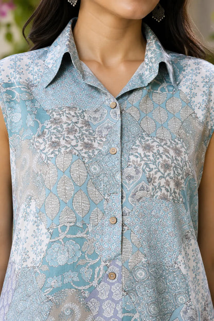 Closeup of RABRIC pastel patchwork printed sleeveless kurta with collar neck and button detailing