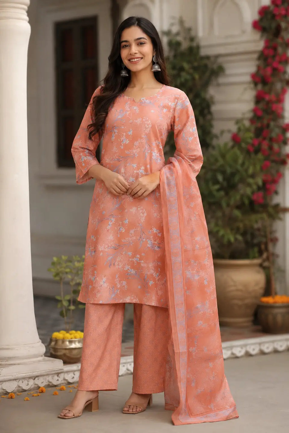 Rabric peach cambric cotton floral kurta pant set with dupatta for women front view with 3/4 sleeves ethnic wear