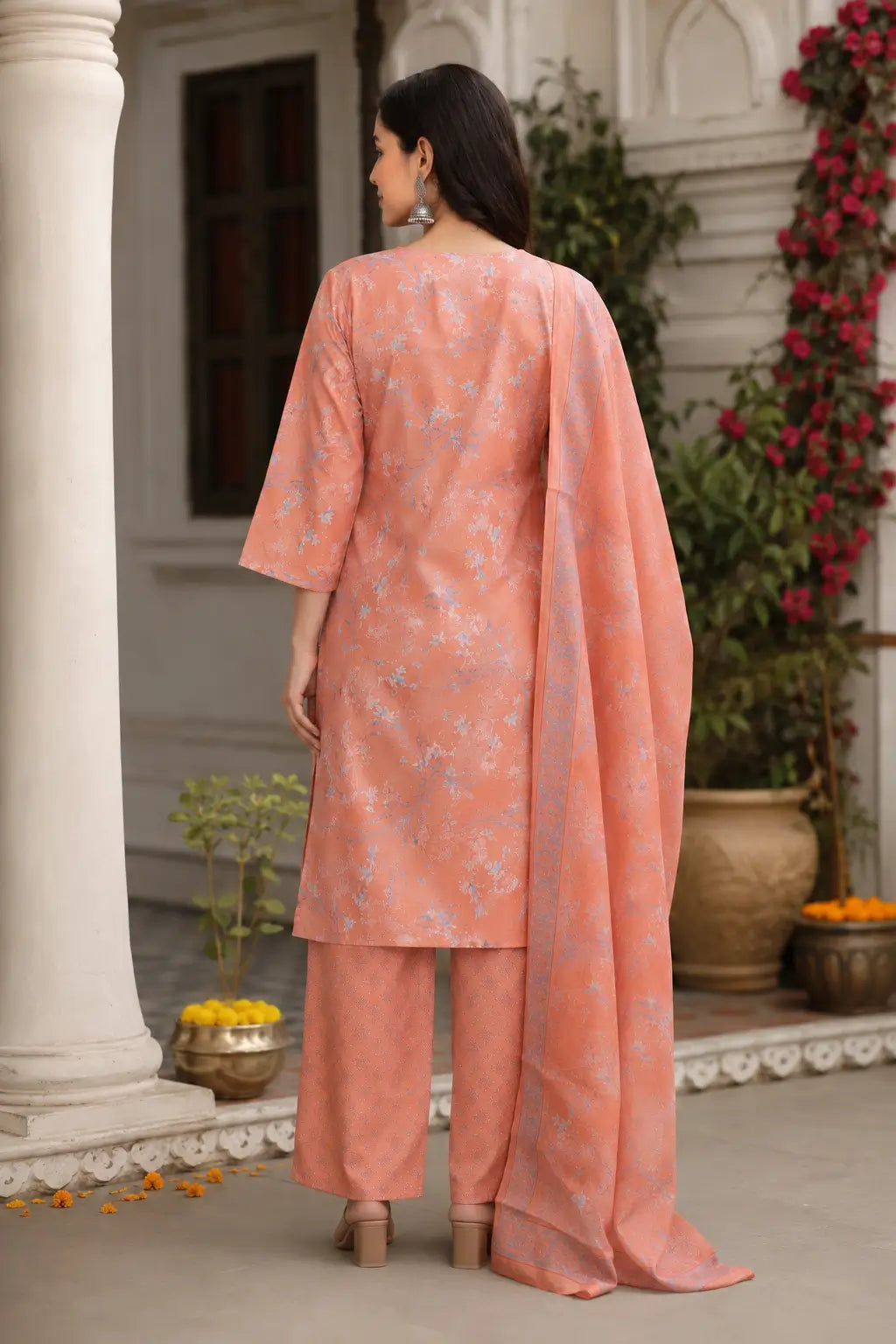 Back side view of Rabric peach cambric cotton kurta pant set with dupatta for women long kurta ethnic outfit