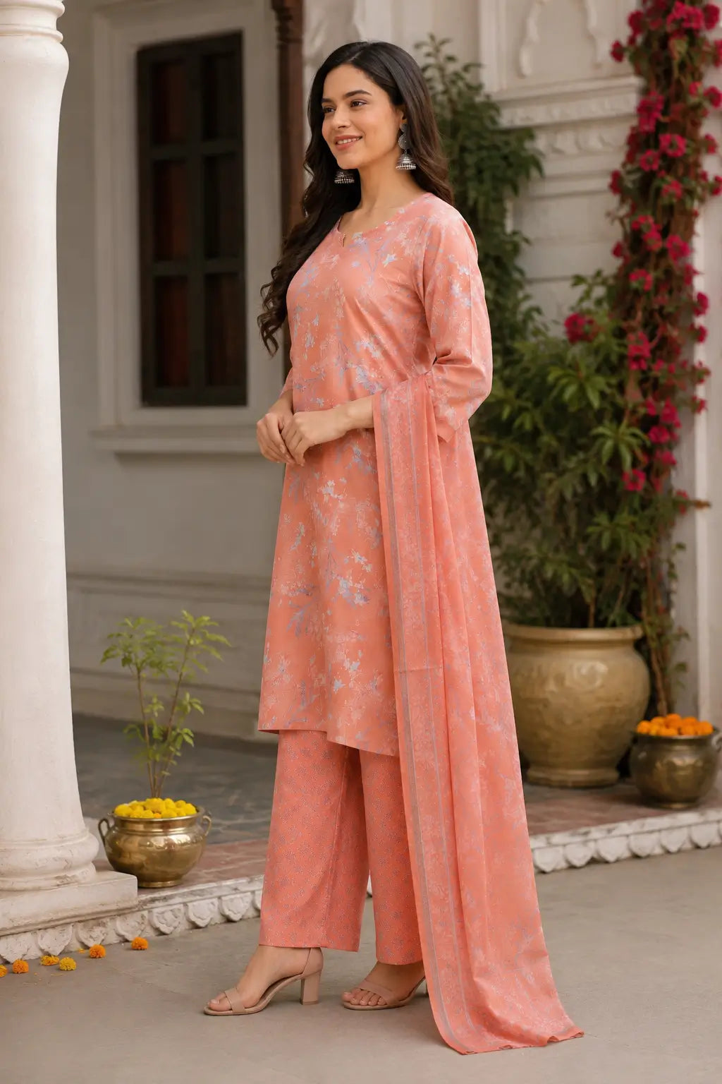 Side angle view of Rabric peach cambric cotton kurta pant set with dupatta for women stylish ethnic wear