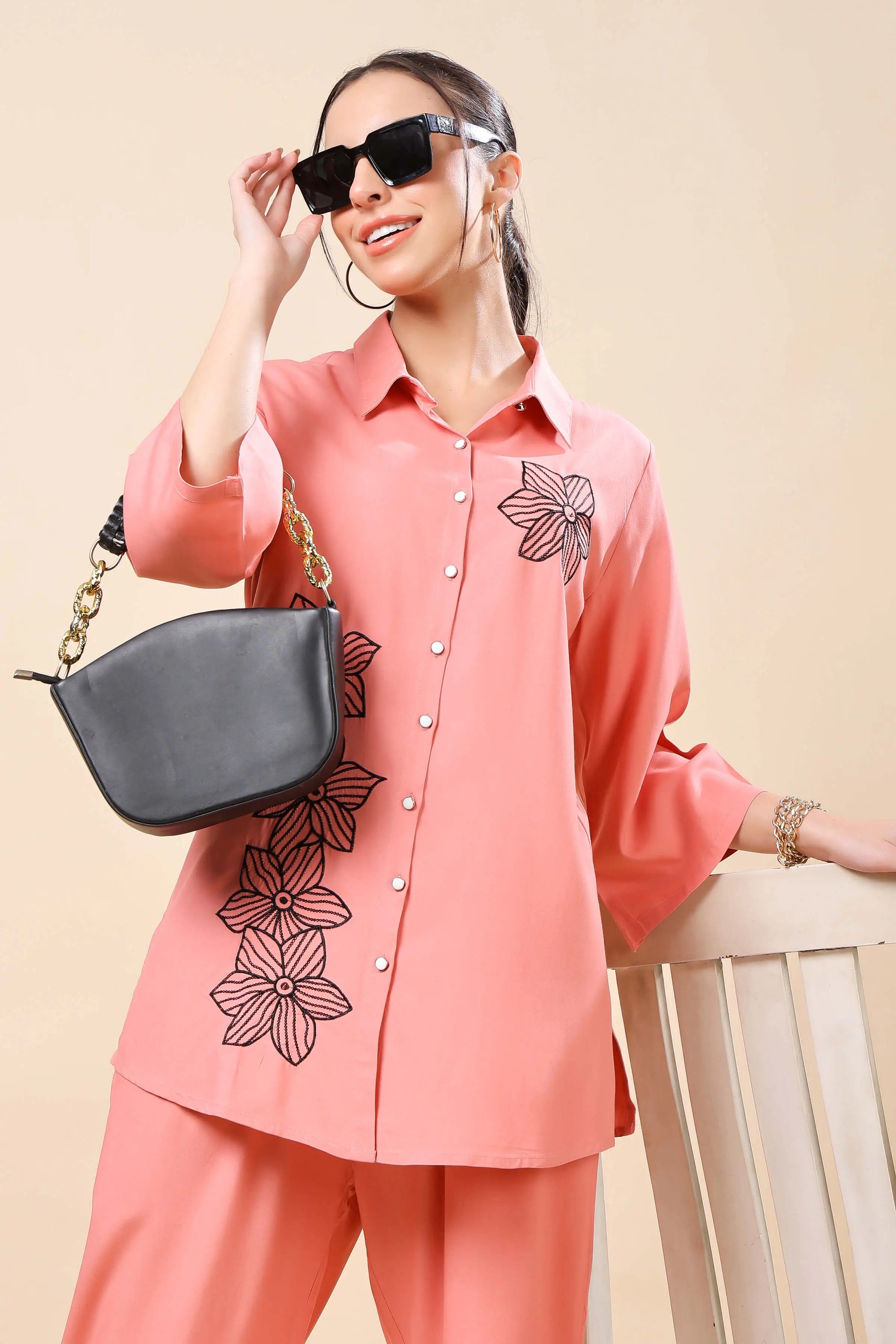 Flat lay of Rabric premium rayon peach co-ord set for women