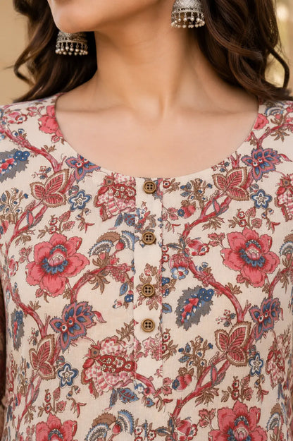 Closeup neck design of Rabric pink blue floral cotton kurta with round neckline and button detailing