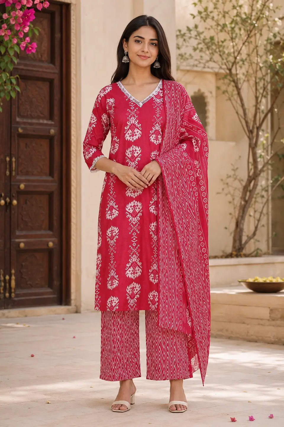 Rabric women's pink cotton ethnic floral printed kurta pant set with dupatta featuring white traditional block print, V-neck lace detailing and 3-4 sleeves front view