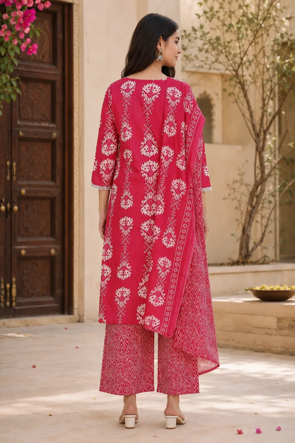 Back view of Rabric pink cotton floral block print kurta pant set with matching dupatta, ethnic white motifs and comfortable straight fit design