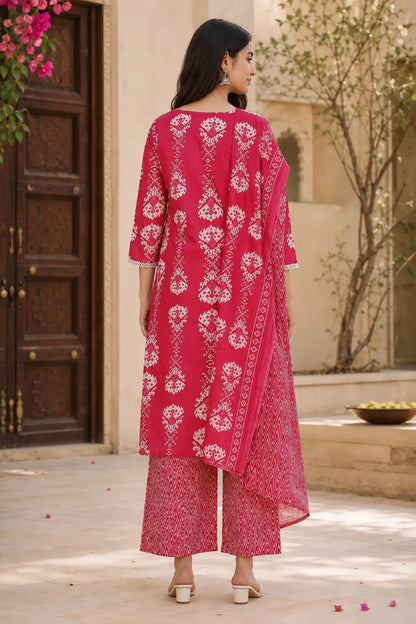 Back view of Rabric pink cotton floral block print kurta pant set with matching dupatta, ethnic white motifs and comfortable straight fit design