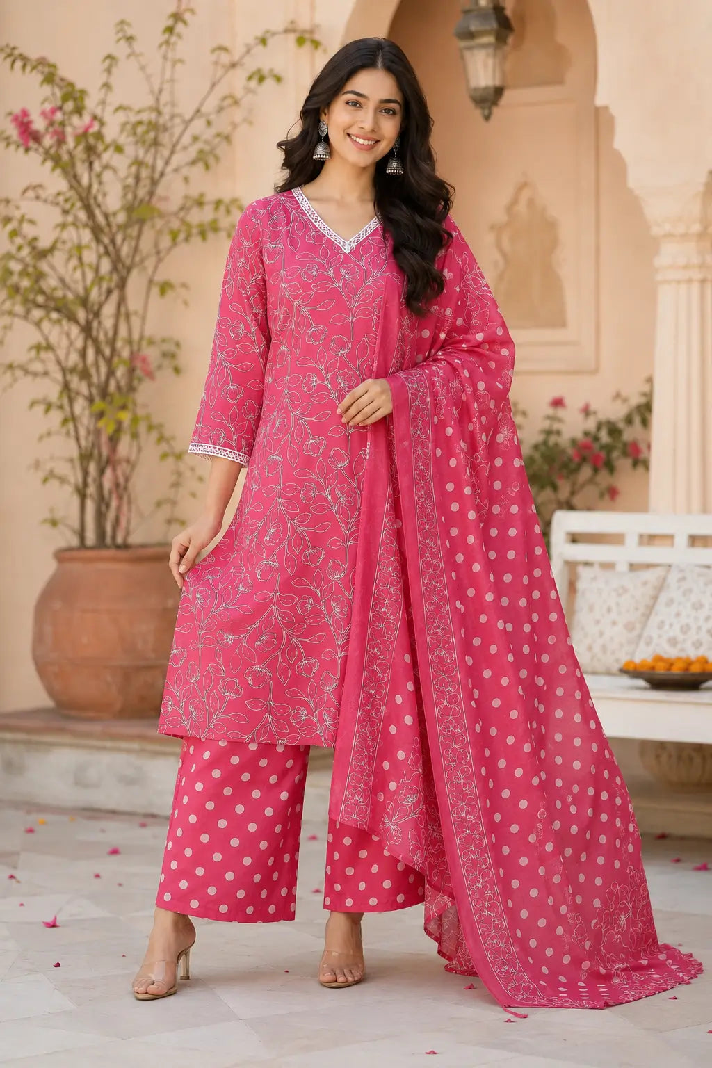 Rabric pink cotton floral print kurta palazzo set with dupatta for women, comfortable festive and casual ethnic wear outfit