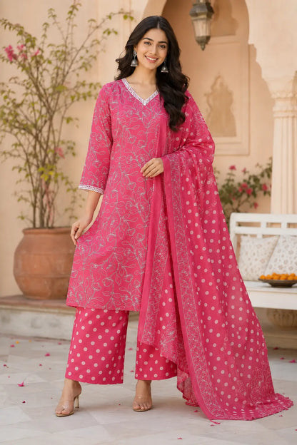 Rabric pink cotton floral print kurta palazzo set with dupatta for women, comfortable festive and casual ethnic wear outfit