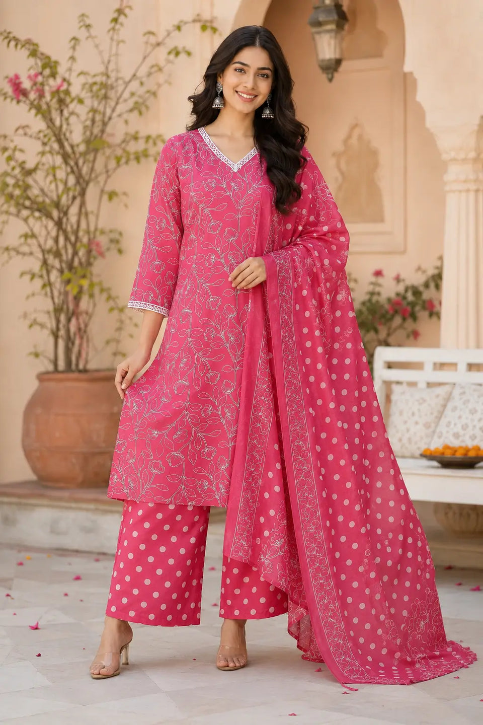 Rabric pink cotton floral print kurta palazzo set with dupatta for women, comfortable festive and casual ethnic wear outfit