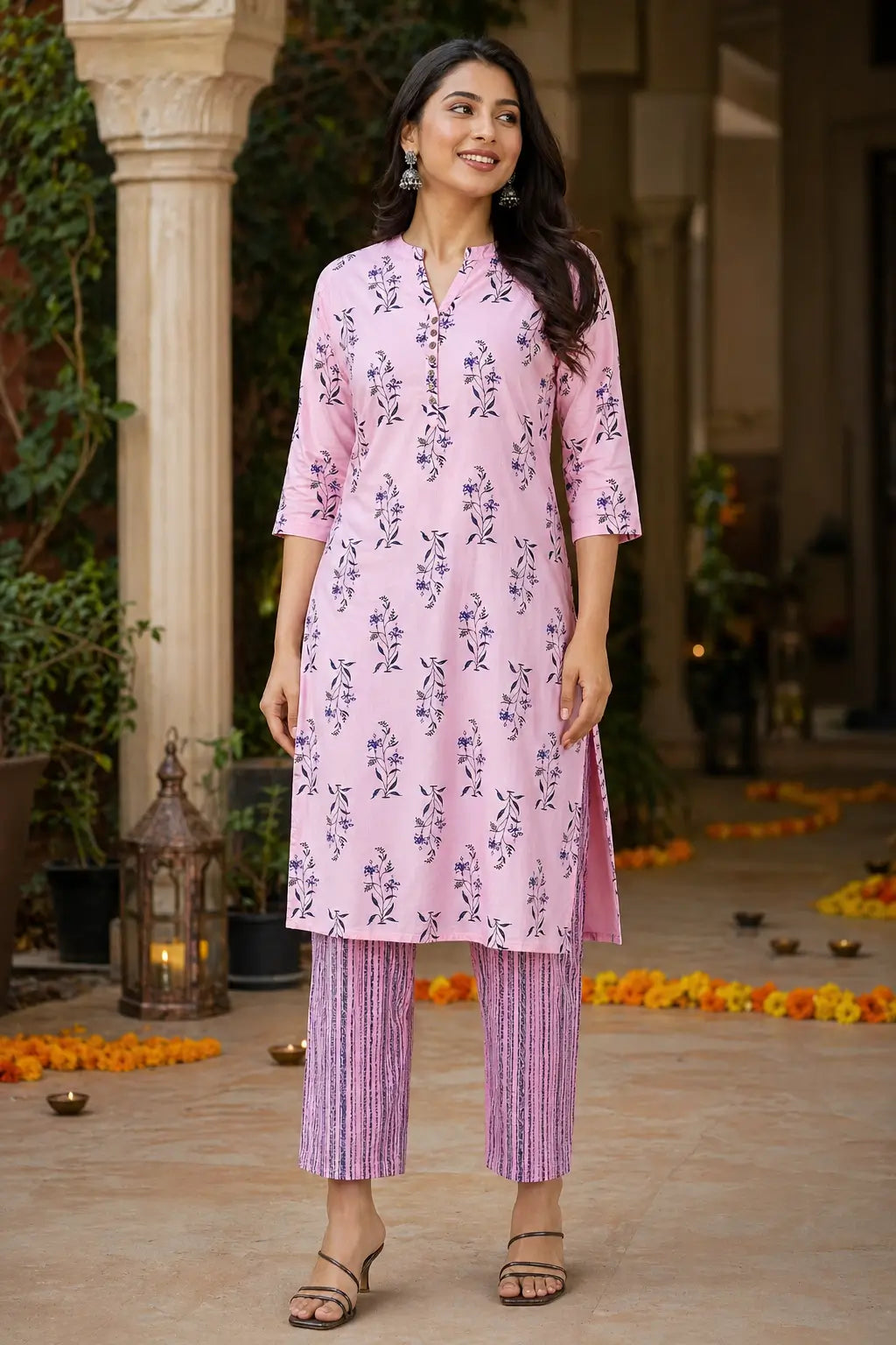Rabric women pink cotton floral kurta pant set front view with 3/4 sleeves straight fit ethnic wear