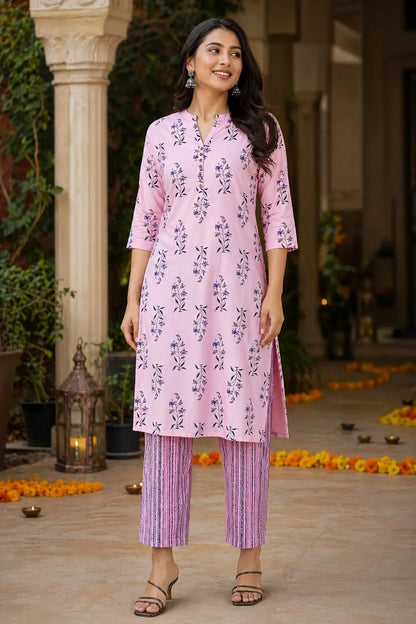 Rabric women pink cotton floral kurta pant set front view with 3/4 sleeves straight fit ethnic wear