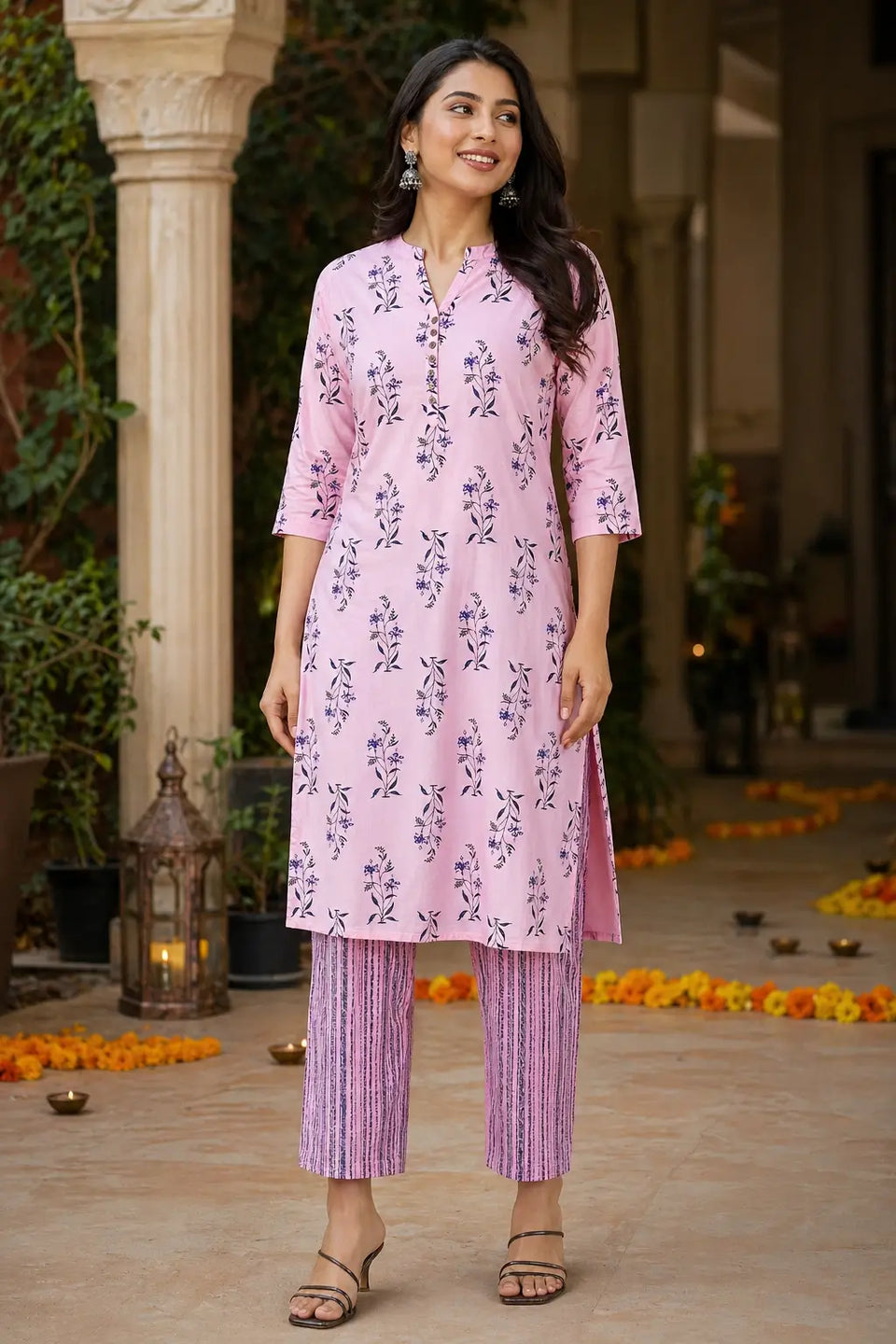 Rabric women pink cotton floral kurta pant set front view with 3/4 sleeves straight fit ethnic wear