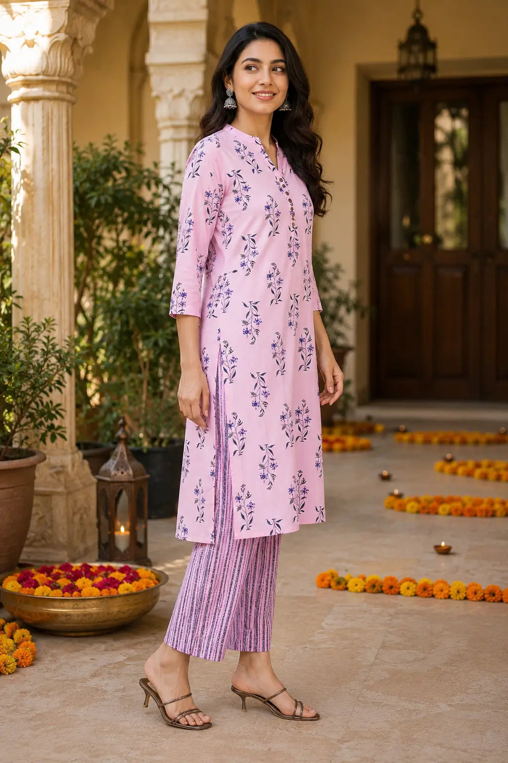 Side angle view of Rabric pink cotton floral kurta pant set for women casual ethnic wear