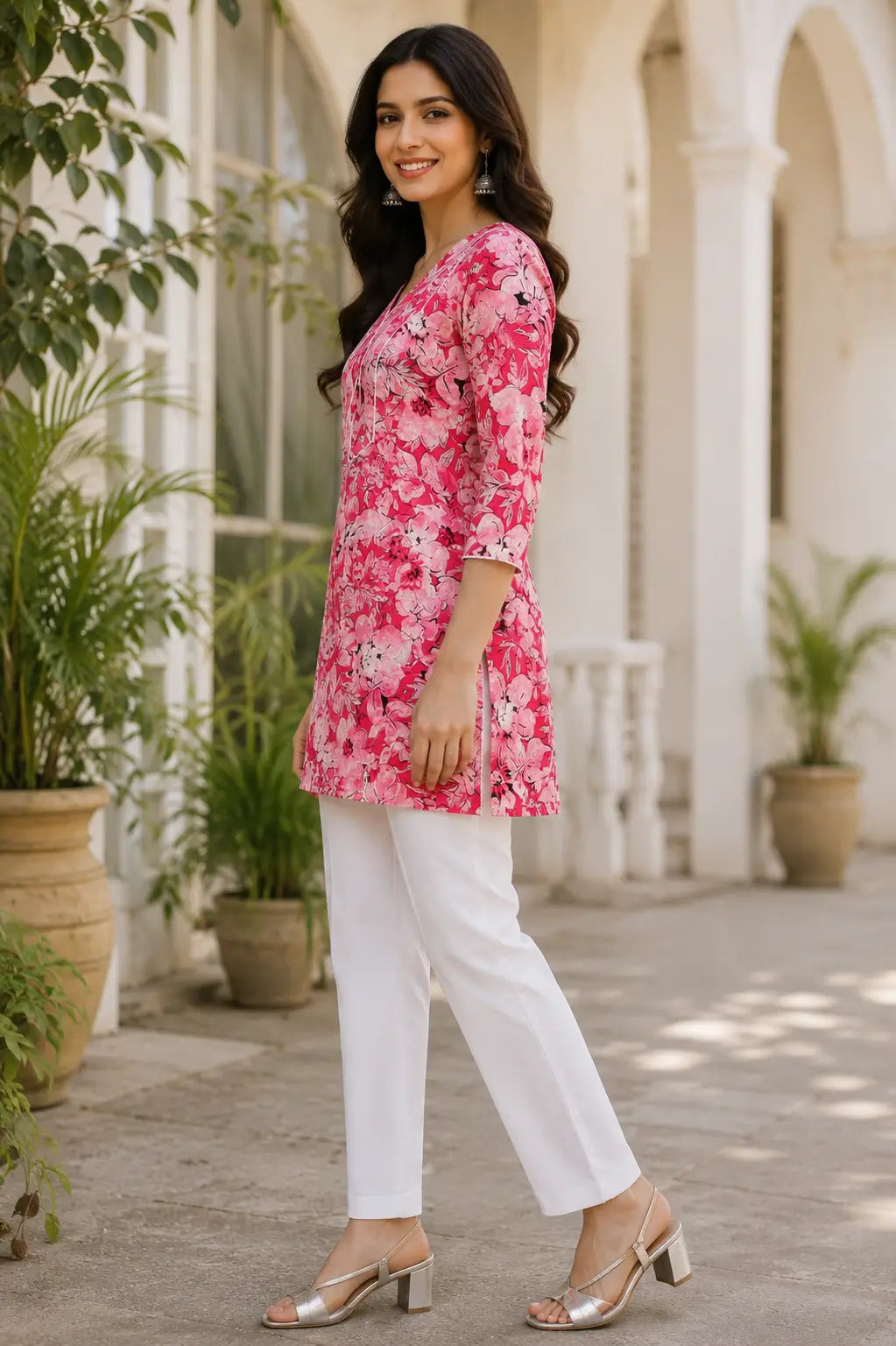 Side angle view of Rabric pink floral cotton kurti for women with 3/4 sleeves and comfortable straight fit silhouette