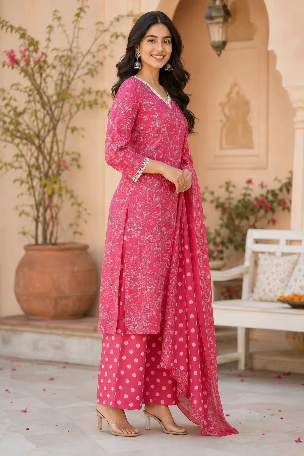 Side view of Rabric pink cotton floral print kurta pant set with dupatta, stylish women's cotton ethnic outfit with long kurta and wide leg pants