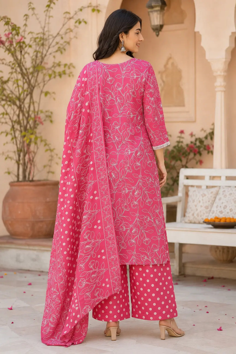 Back view of Rabric pink cotton floral print kurta pant set with dupatta, women's long cotton ethnic suit with floral vine print and matching printed dupatta