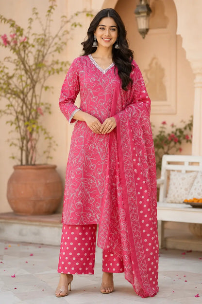Rabric pink cotton floral print kurta pant set with dupatta for women front view, long straight kurta with white floral vine print, comfortable ethnic wear suit set