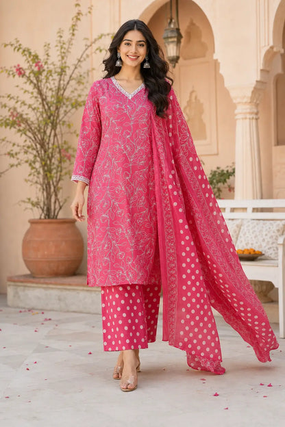 Women wearing Rabric pink cotton floral print kurta pant set with dupatta in walking pose, comfortable daily wear ethnic outfit for women