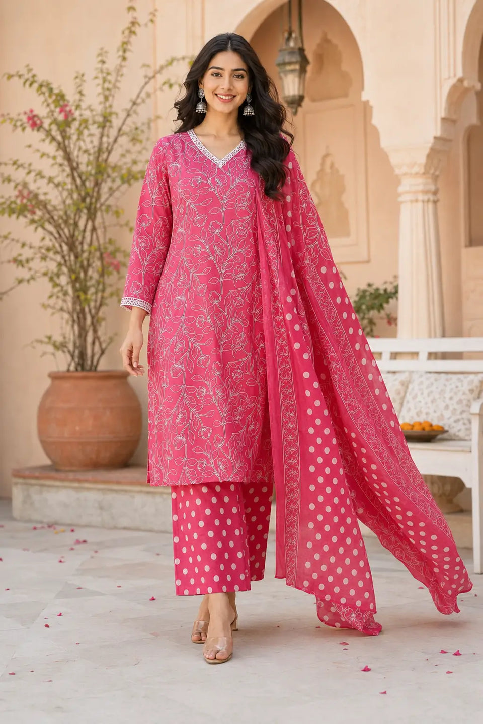 Women wearing Rabric pink cotton floral print kurta pant set with dupatta in walking pose, comfortable daily wear ethnic outfit for women