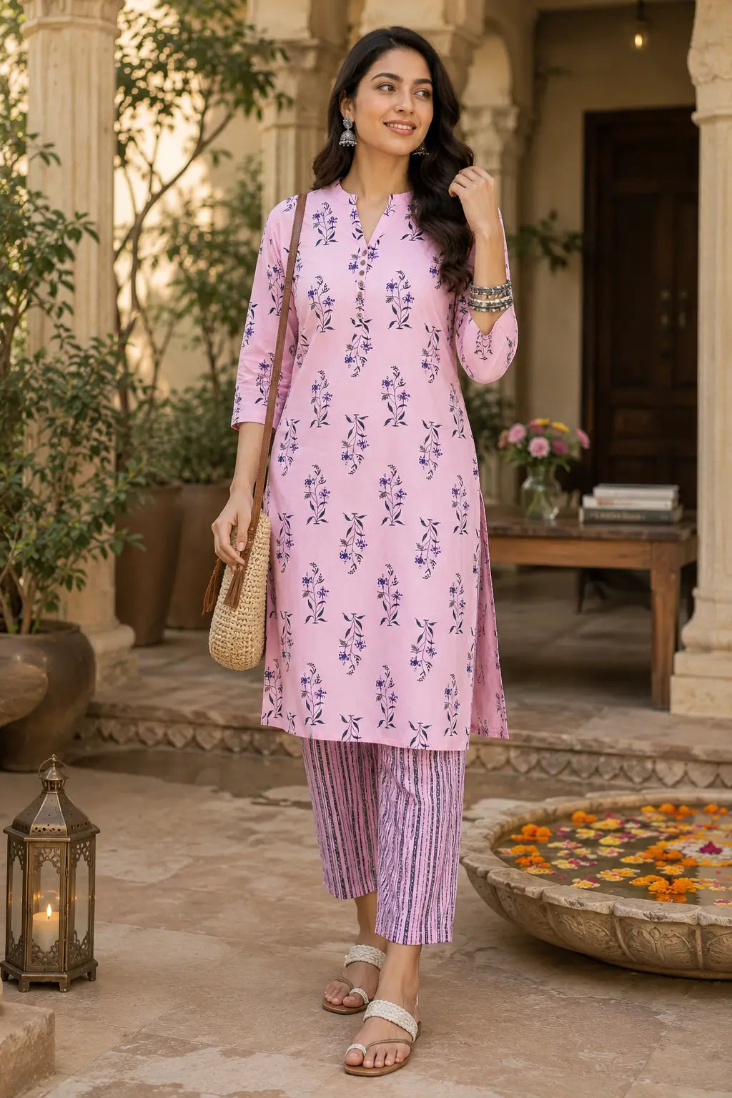 Woman wearing Rabric pink cotton floral kurta pant set in lifestyle ethnic fashion photoshoot