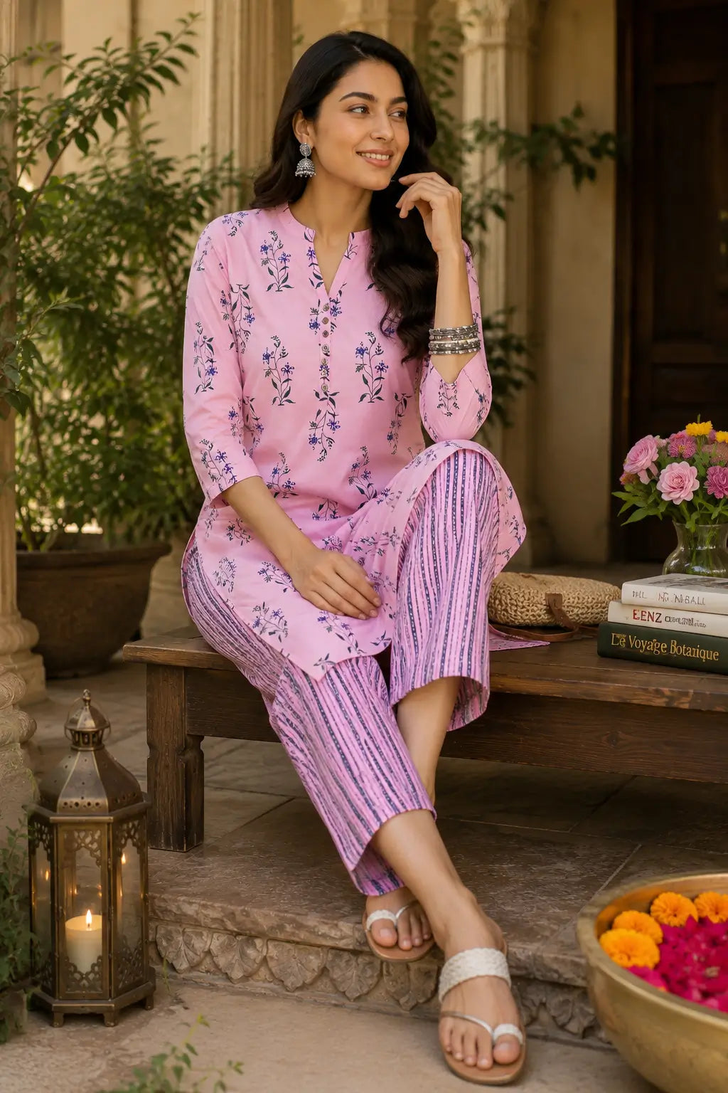 Rabric women pink cotton floral kurta pant set sitting pose lifestyle image with casual styling