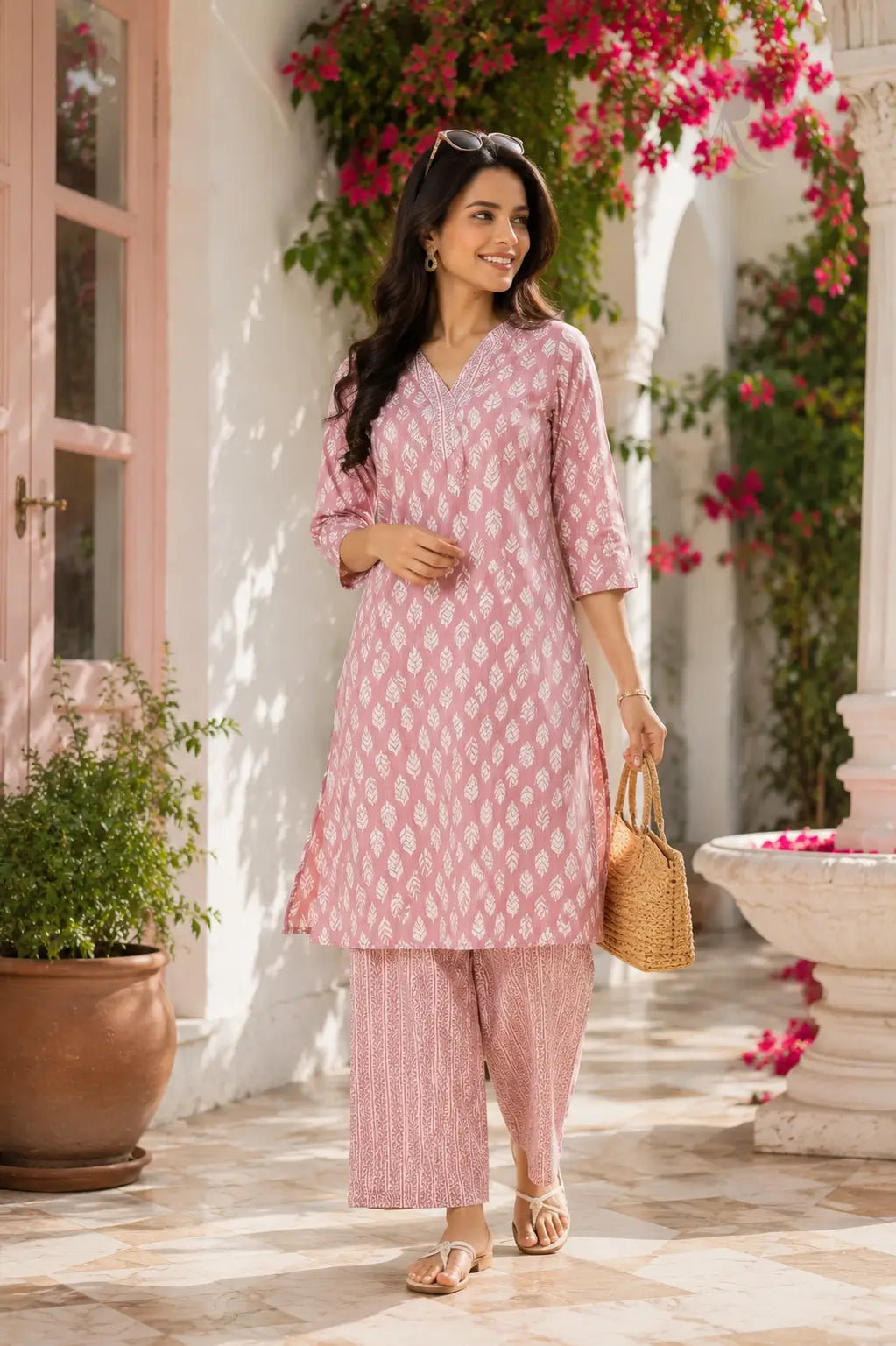 Stylish lifestyle image of woman wearing Rabric pink cotton kurta pant set with casual accessories