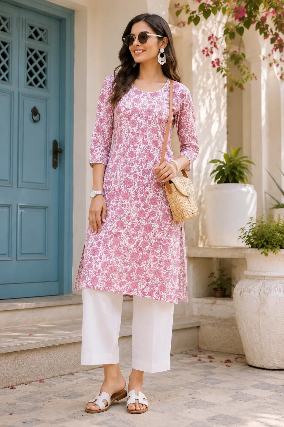 Woman wearing Rabric pink floral cotton kurti styled for summer casual ethnic fashion with trendy accessories