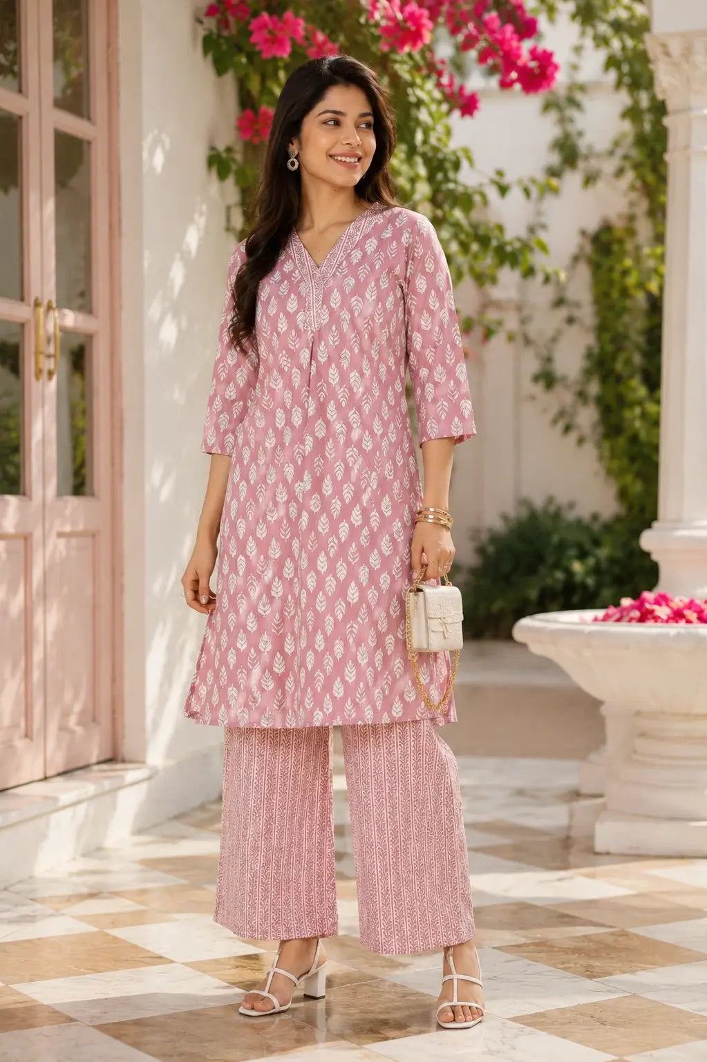 Rabric pink cotton leaf print kurta pant set for women front view with straight mid length kurta and palazzo pants