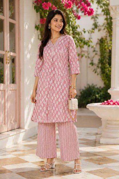 Rabric pink cotton leaf print kurta pant set for women front view with straight mid length kurta and palazzo pants