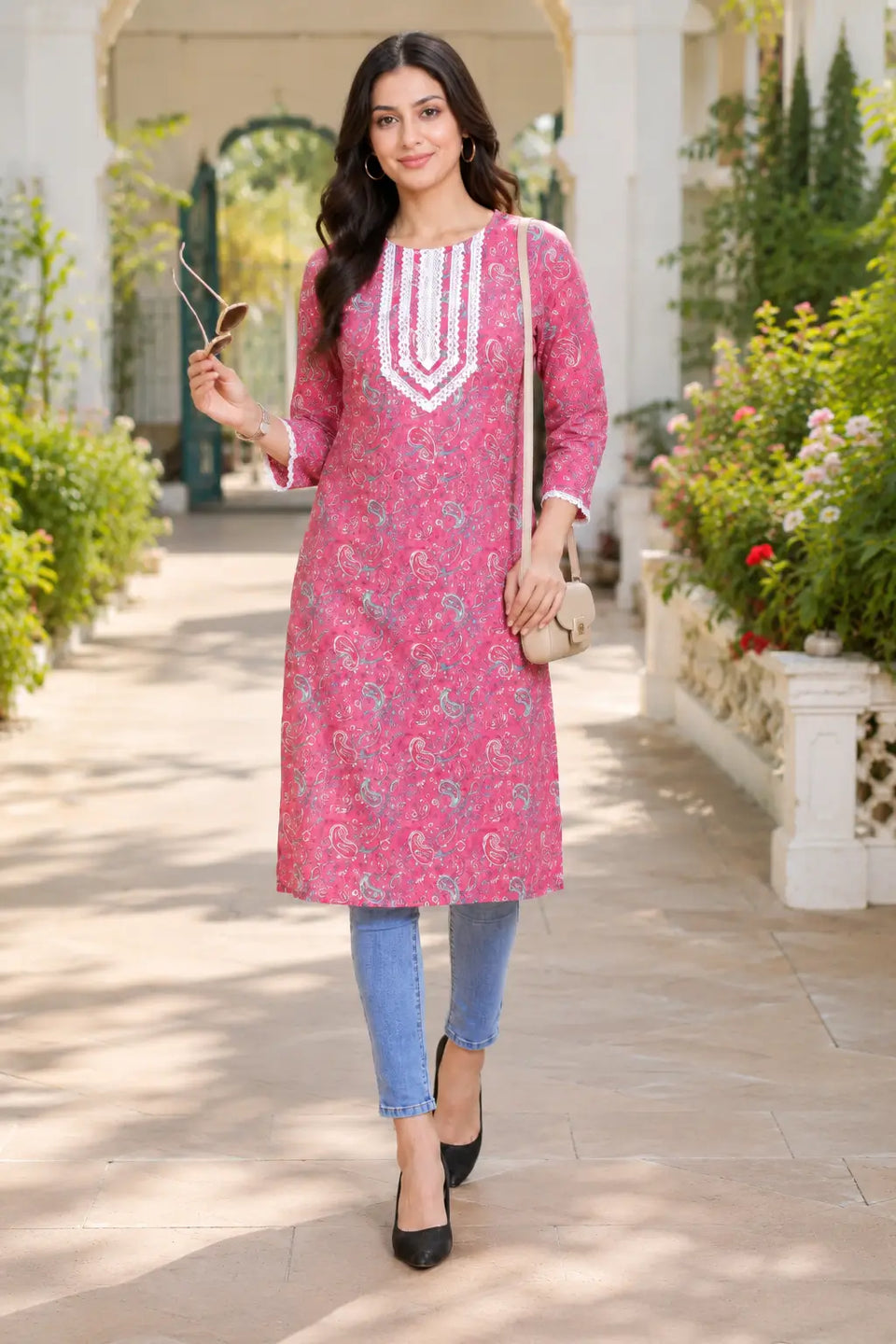 Rabric pink cotton paisley printed daily wear straight kurti for women with embroidered V-neck design styled with jeans and casual accessories