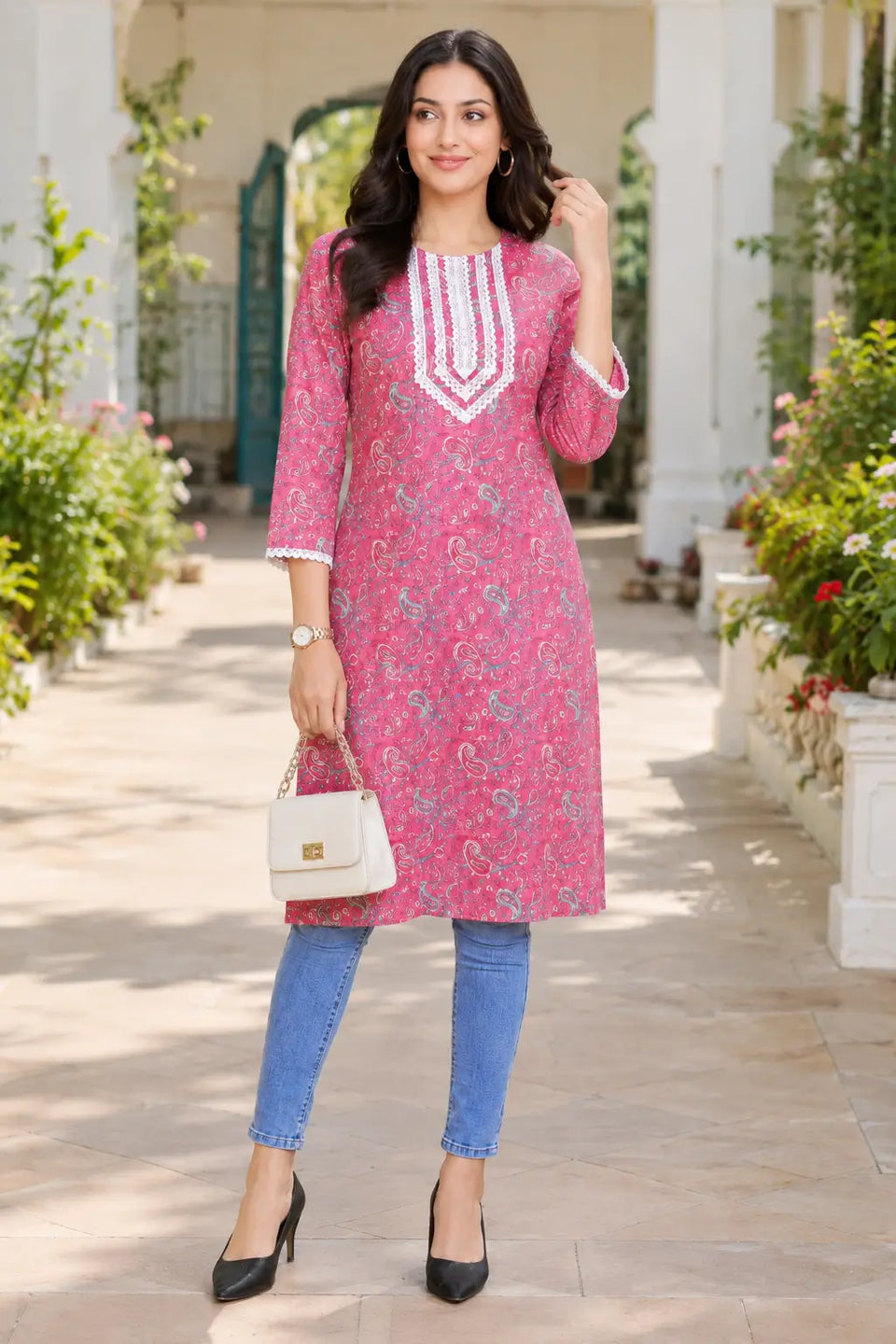 Rabric pink cotton paisley printed straight kurti for women with V-neck embroidery styled with jeans and handbag for casual day wear