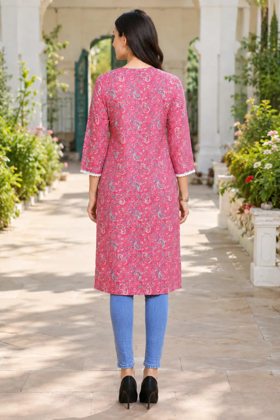Rabric pink cotton paisley printed straight kurti for women with embroidered V-neck style and three-quarter sleeves, full back view