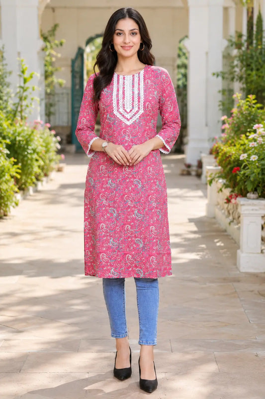 Rabric pink cotton paisley printed straight kurti for women with V-neck embroidery, three-quarter sleeves and white neck detailing, front view