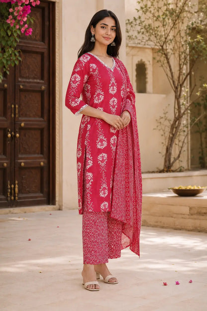 Side angle view of Rabric women's pink cotton printed kurta pant set with dupatta, white ethnic floral motifs and elegant daily wear ethnic outfit