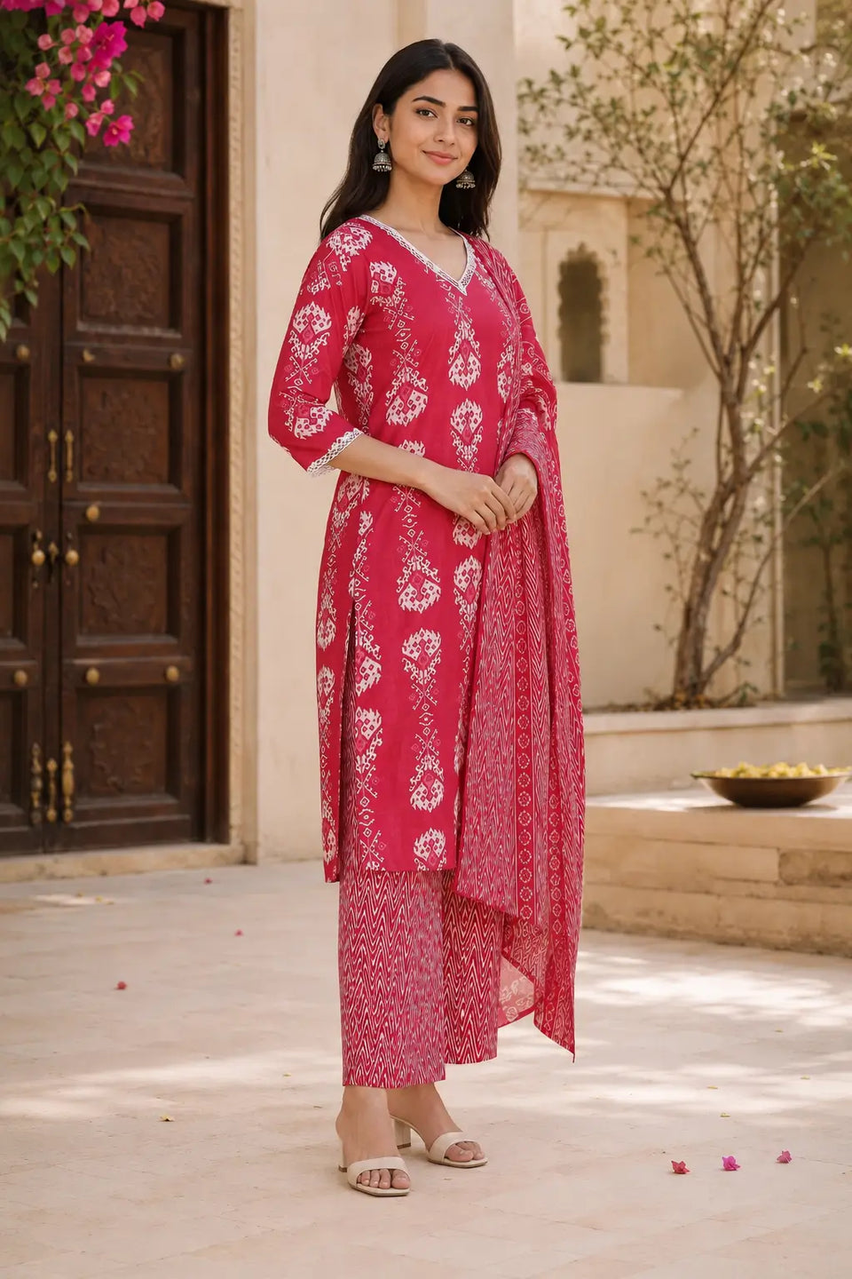 Side angle view of Rabric women's pink cotton printed kurta pant set with dupatta, white ethnic floral motifs and elegant daily wear ethnic outfit