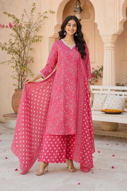 Rabric pink cotton printed kurta pant set with dupatta for women, elegant ethnic wear showcasing floral print dupatta and long kurta