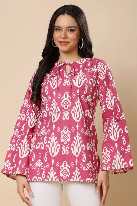 Women pink cotton printed short top front view stylish office wear