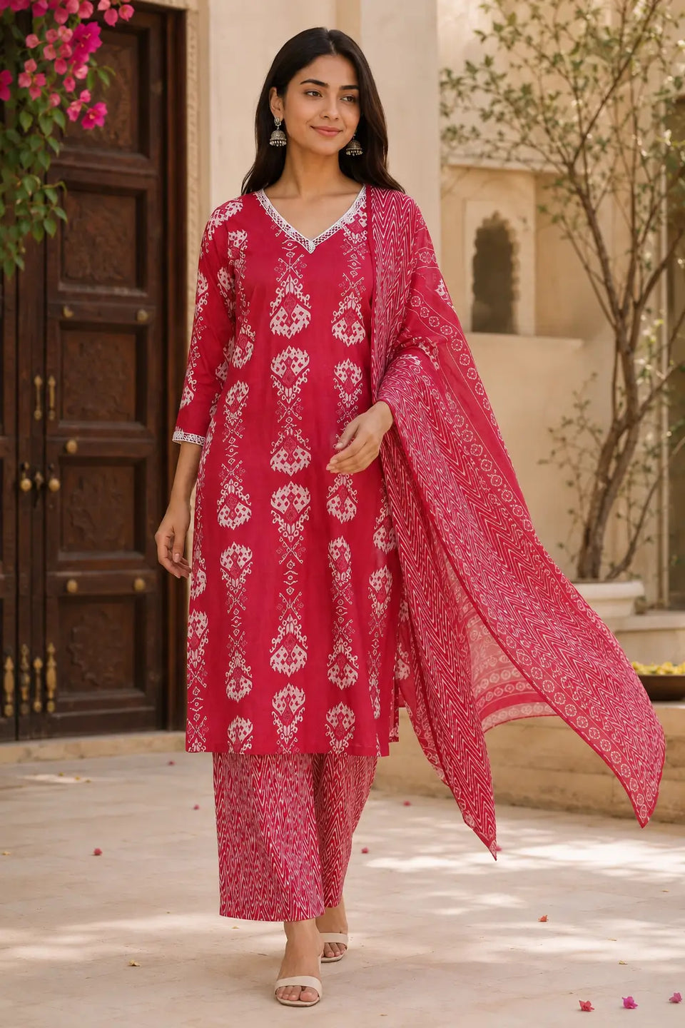 Rabric women's pink cotton traditional print kurta pant set with dupatta, breathable cotton ethnic wear with floral motifs and lace neck design