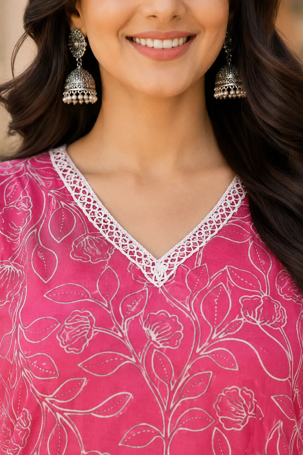 Rabric pink cotton V neck kurta design detail with white lace border, floral print ethnic wear kurta pant set for women