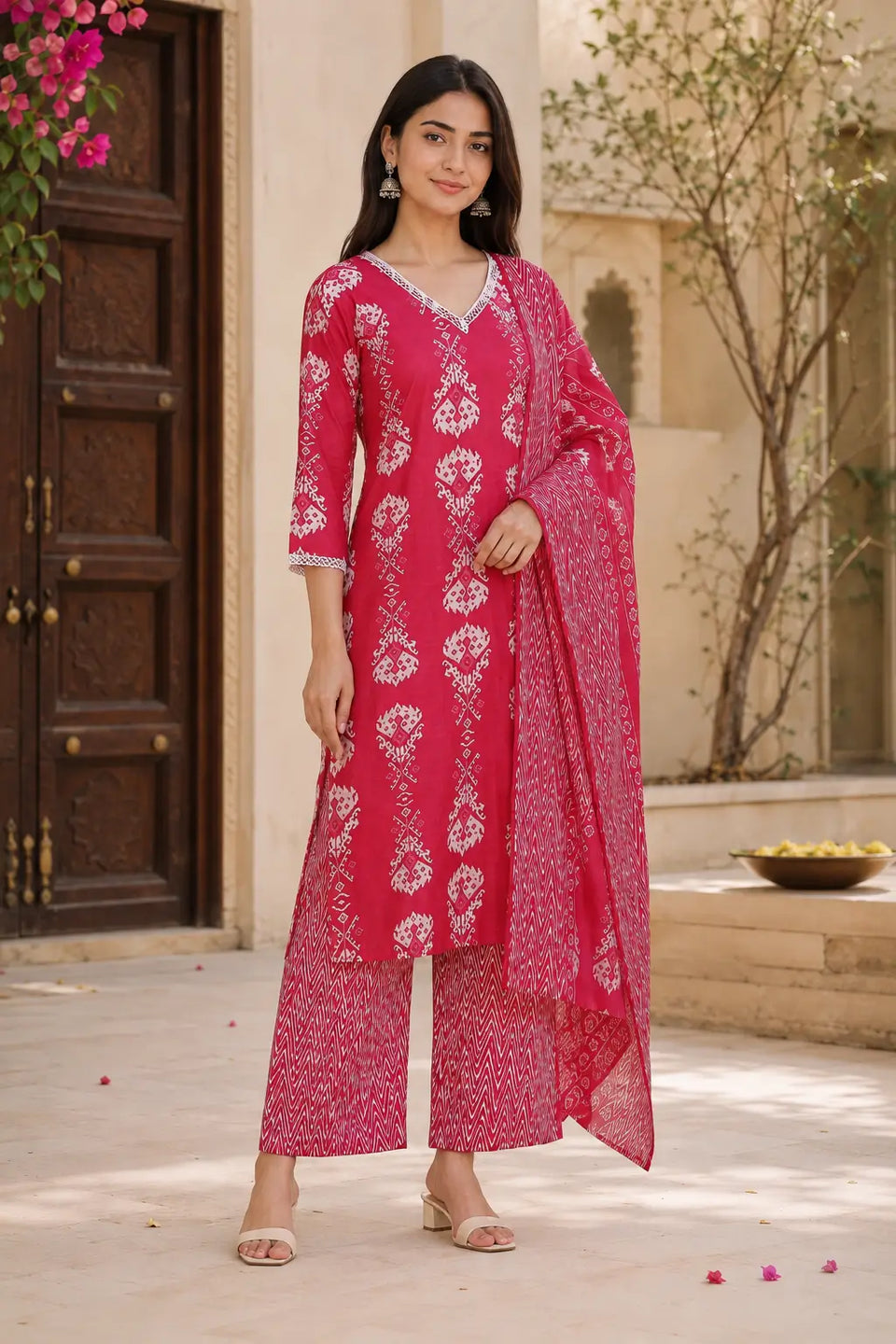 Lifestyle image of Rabric pink cotton white floral block print kurta pant set with dupatta, elegant ethnic wear for women