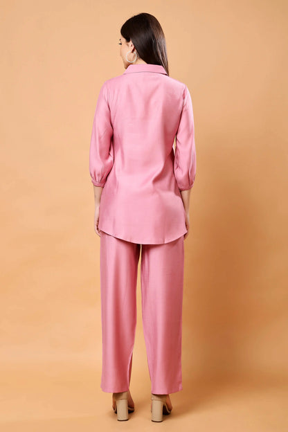 Back view of Rabric pink embroidered Vertican co-ord set