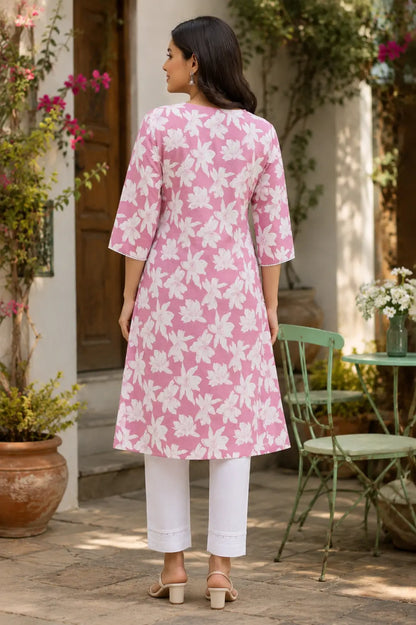 Back side view of Rabric pink floral cotton kurti for women mid length casual ethnic wear with 3-4 sleeves