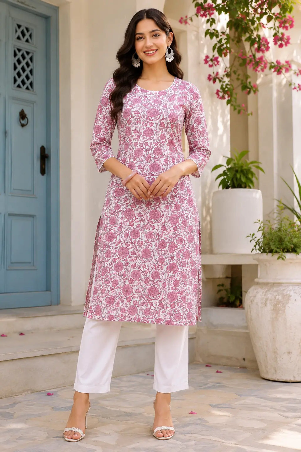 Rabric pink floral cotton kurti for women front view with 3-4 sleeves stylish round neck casual ethnic wear
