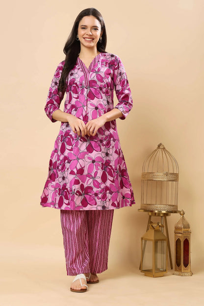 Pink floral cotton slub kurta pant set for women by Rabric – front view