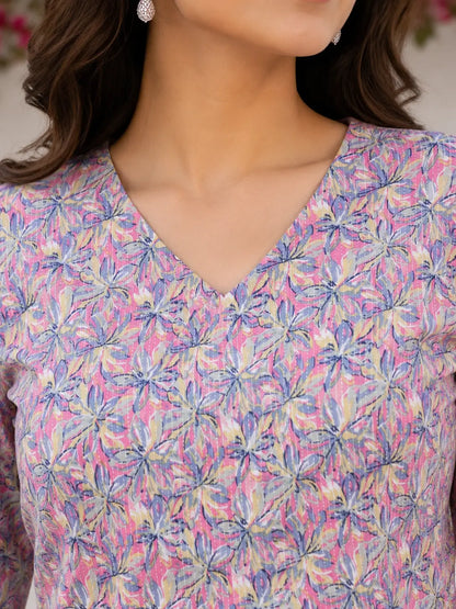 Closeup of Rabric pink floral cotton short top showing elegant V neck design and premium printed cotton fabric texture for women
