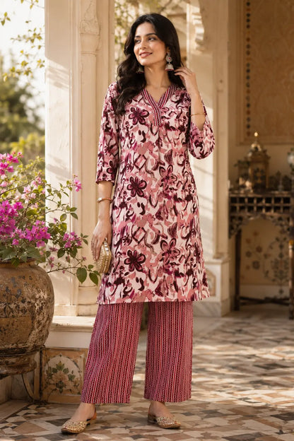 Rabric women pink and maroon cotton floral kurta pant set front view with 3/4 sleeves and straight pants ethnic wear