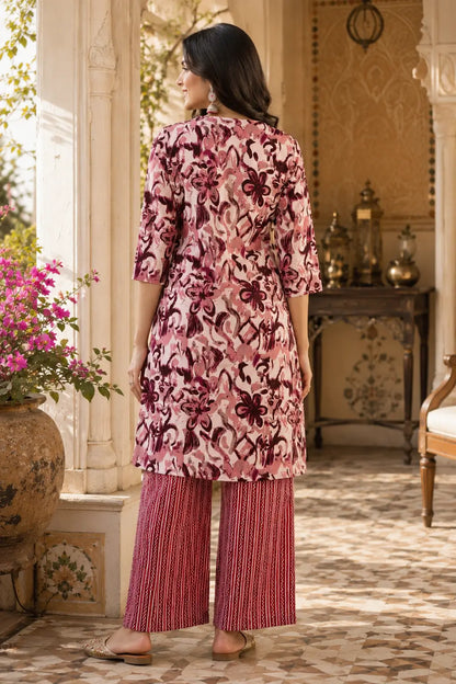 Back view of Rabric pink maroon cotton floral kurta pant set for women with mid length kurti and printed pants