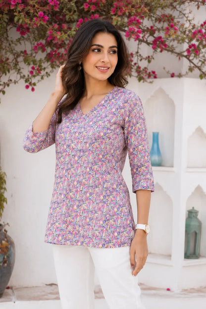 Rabric women pink multicolor floral cotton short top front view with V neck and 3/4 sleeves stylish casual mid length tunic top for women
